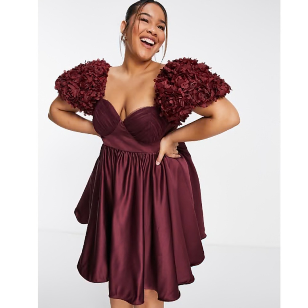 $120 NWT New‎ ASOS LUXE Curve Burgundy Floral Puff Sleeve Mini Dress US 14